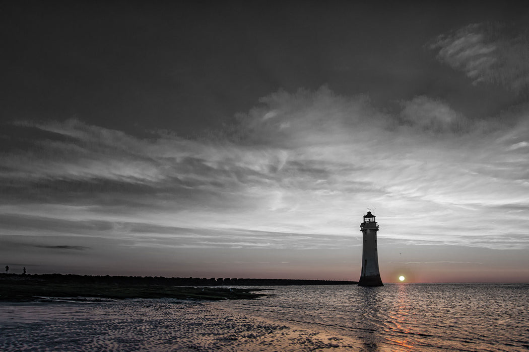 Leuchtturm im Sonnenuntergang, Glasbild