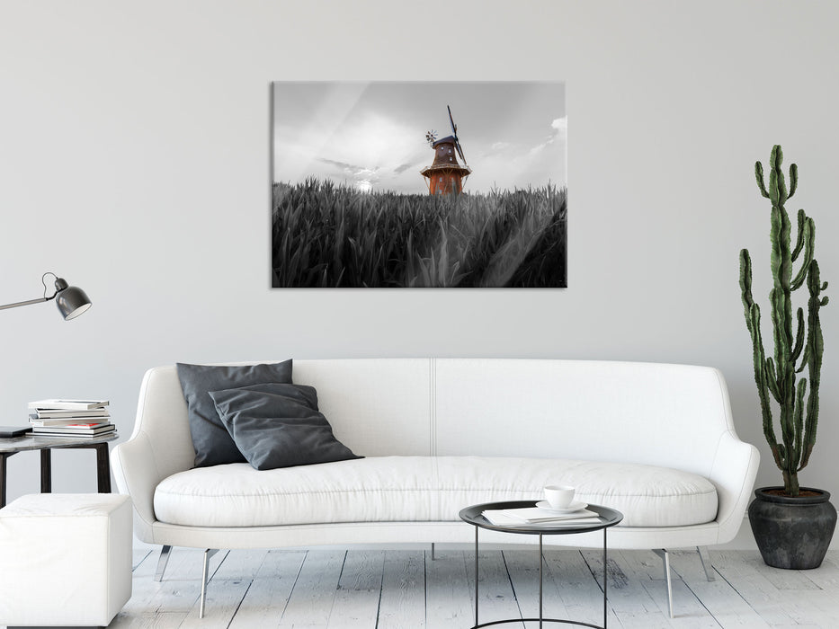 schöne Windmühle auf dem Feld, Glasbild