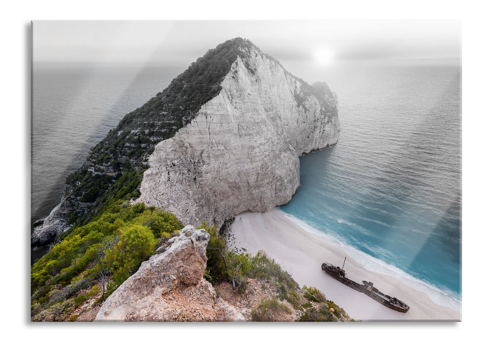 Nagio Strand im Sonnenuntergang, Glasbild