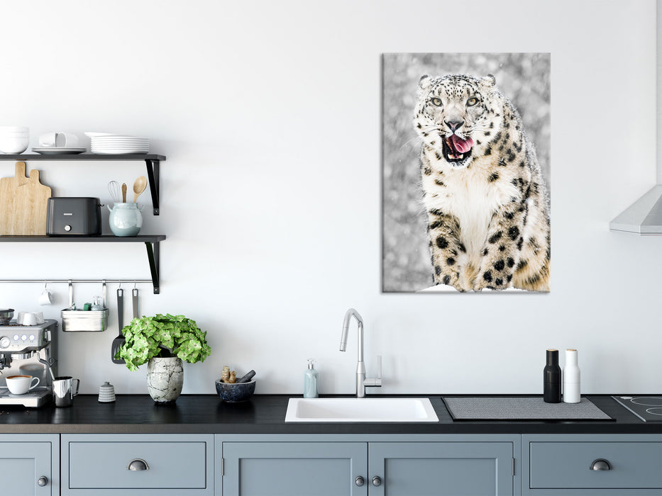 Leopard im Schnee, Glasbild