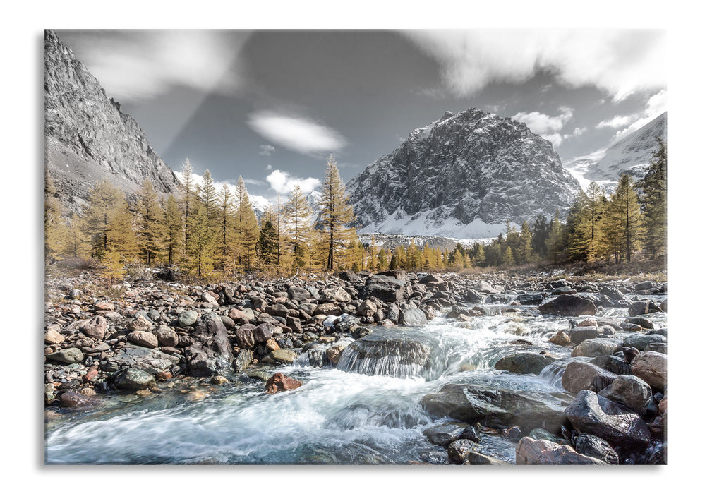 Pixxprint kleiner Fluss im Gebirge, Glasbild