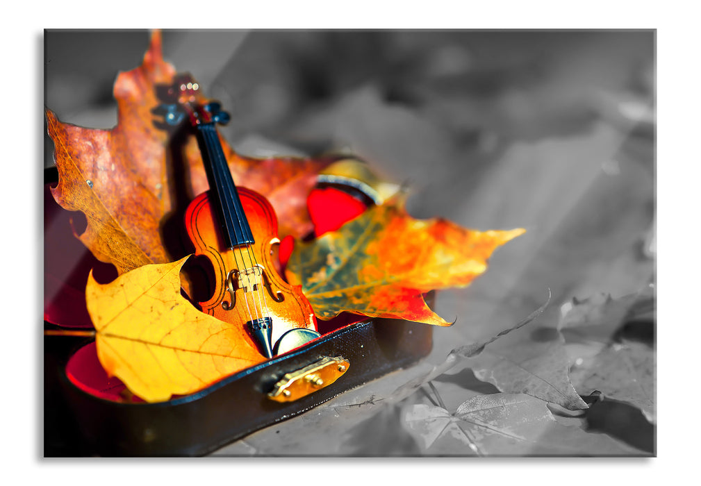 Violine umgeben von Blättern, Glasbild