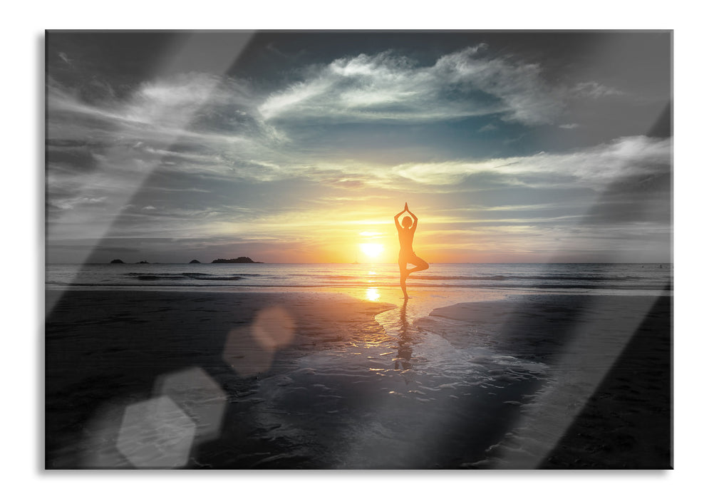 Pixxprint Yoga Silhouette am Strand, Glasbild