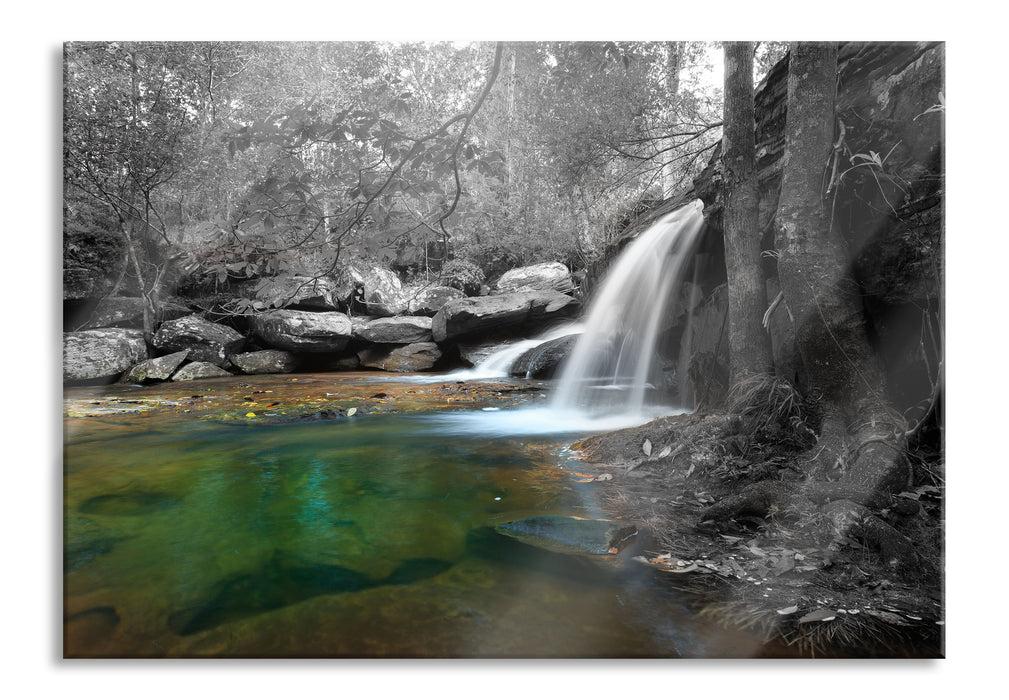 Wasserfall im Wald, Glasbild