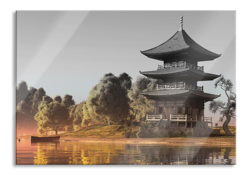 Pixxprint asiatischer Tempel an See, Glasbild