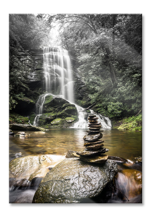 Zen Steine vor Wasserfall, Glasbild