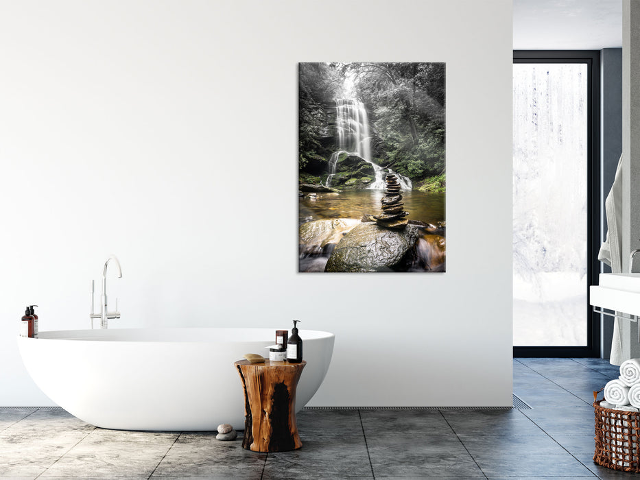 Zen Steine vor Wasserfall, Glasbild