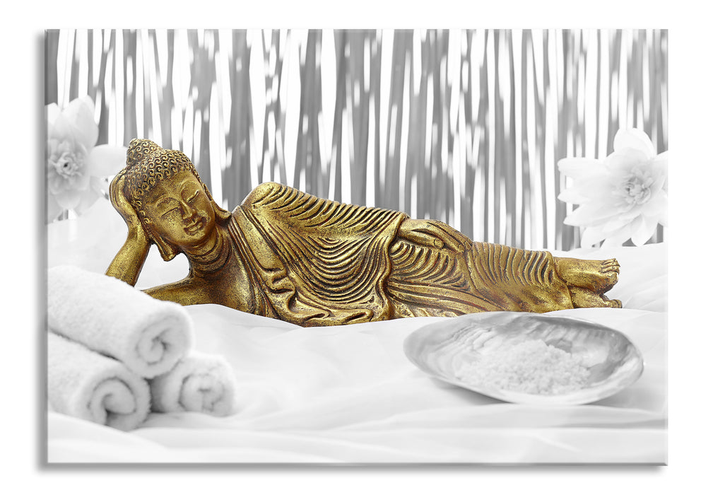 Pixxprint goldener Buddha auf Handtuch, Glasbild