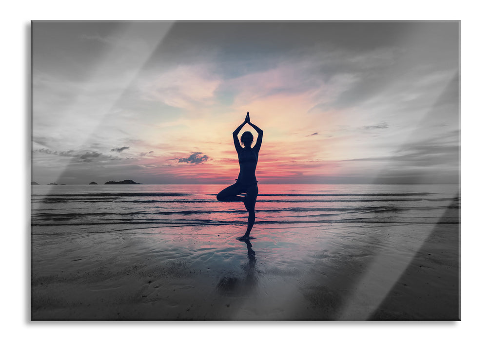 Pixxprint Yoga am Strand, Glasbild