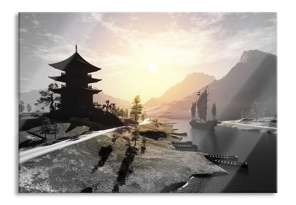 Pixxprint asiatischer Tempel an Fluss, Glasbild