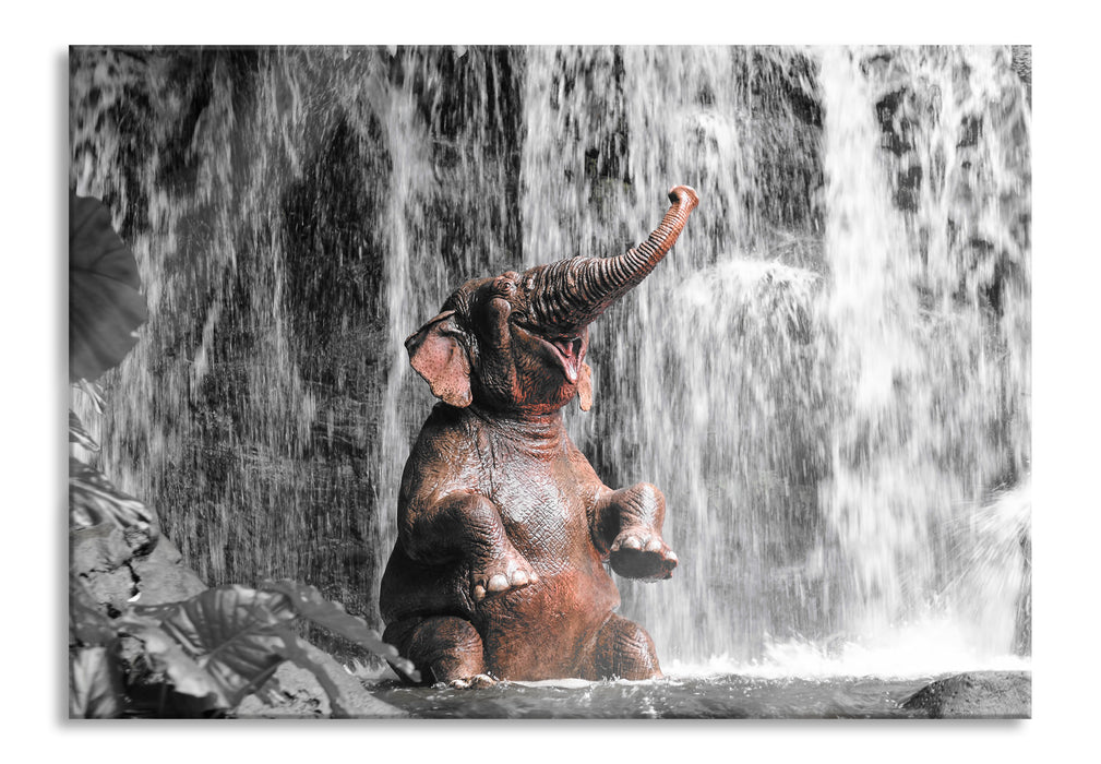 Pixxprint Babyelefant am Wasserfall, Glasbild