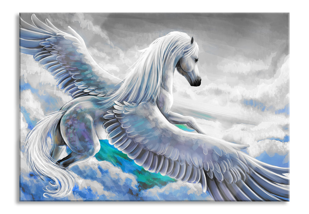 Pegasus fliegt über den Wolken, Glasbild