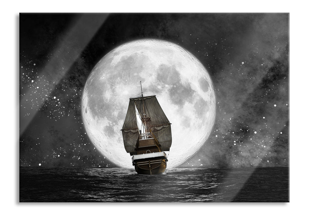 Pixxprint Segelschiff bei Vollmond, Glasbild