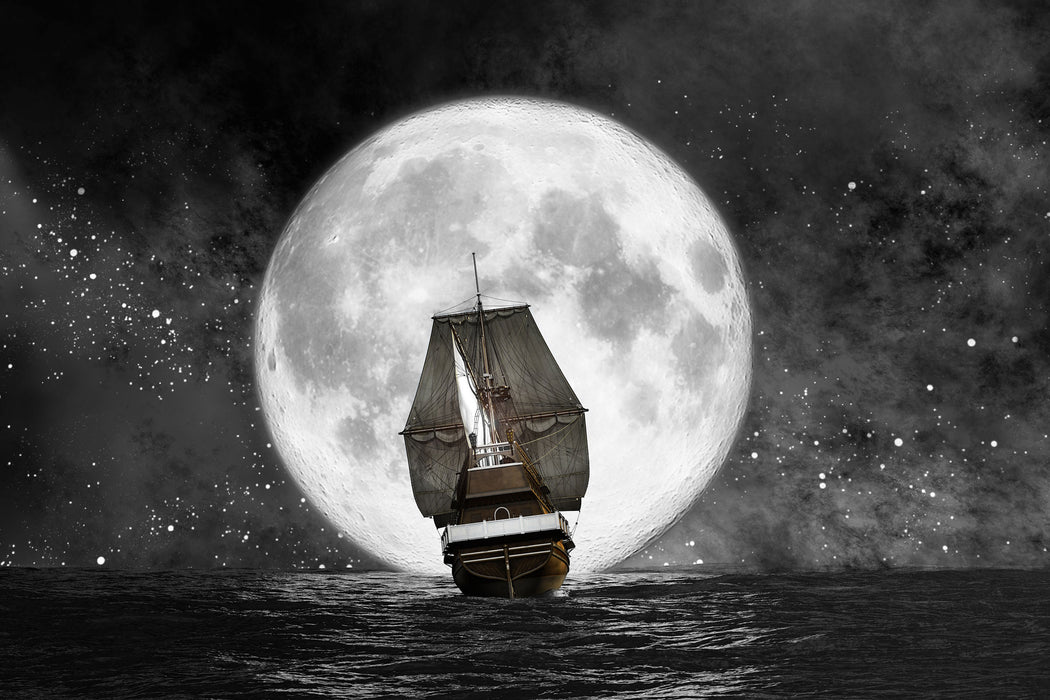 Segelschiff bei Vollmond, Glasbild