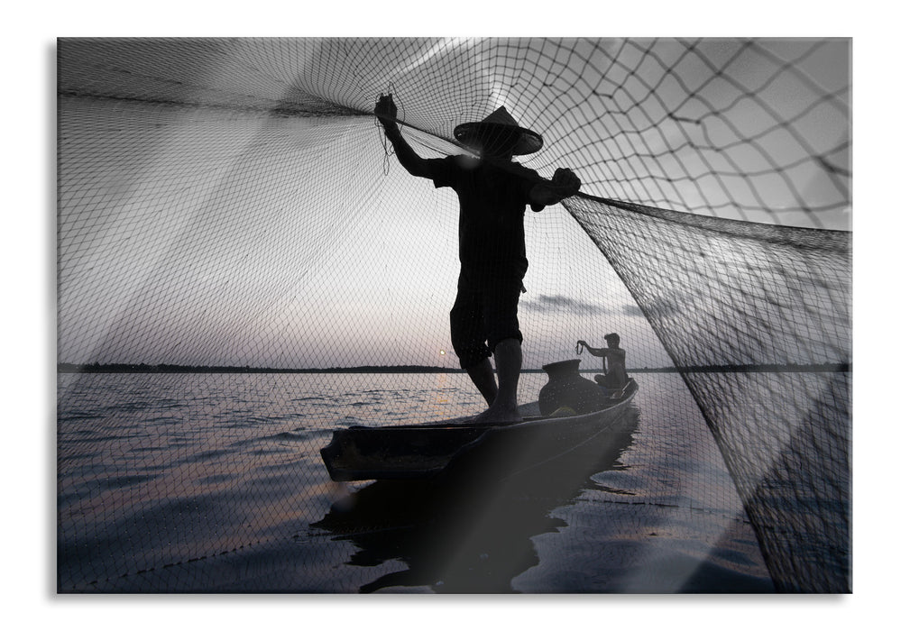 Pixxprint Fischer wirft sein Netz, Glasbild