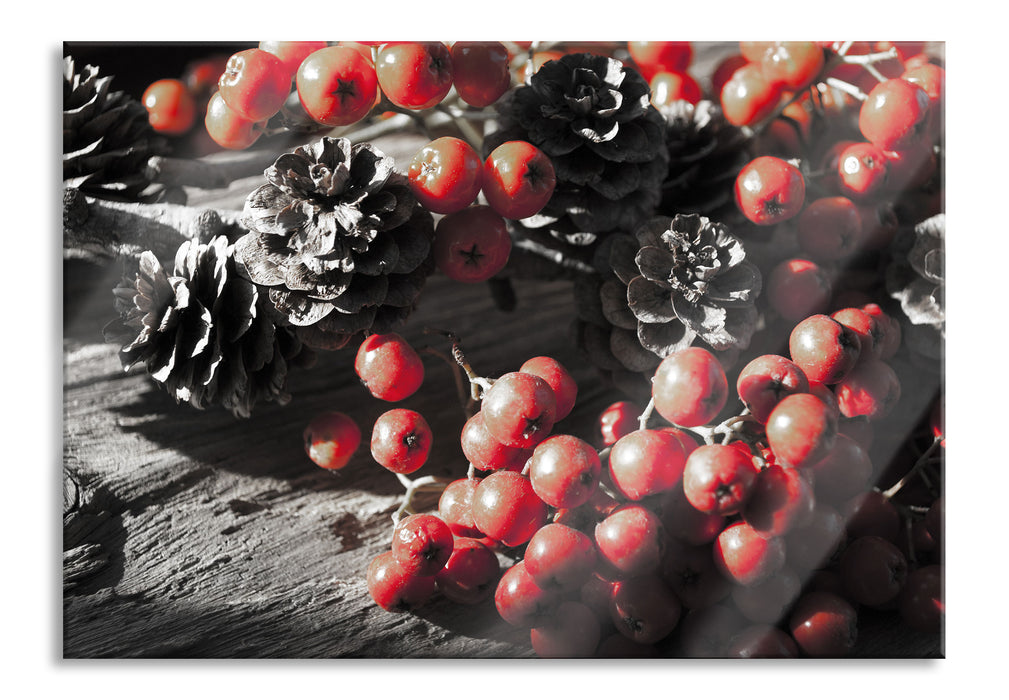 Pixxprint Vogelbeeren und Tannenzapfen, Glasbild