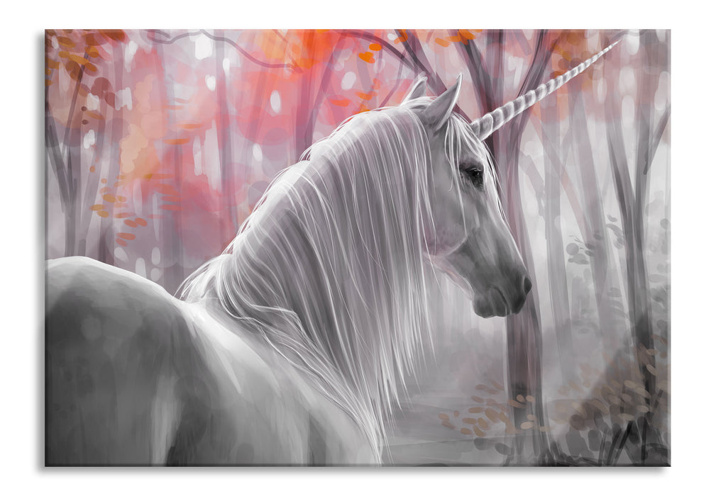 Pixxprint Einsames Einhorn im Wald, Glasbild