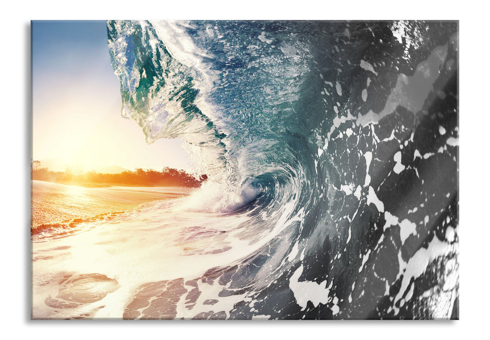 Riesen Welle bei Sonnenaufgang, Glasbild