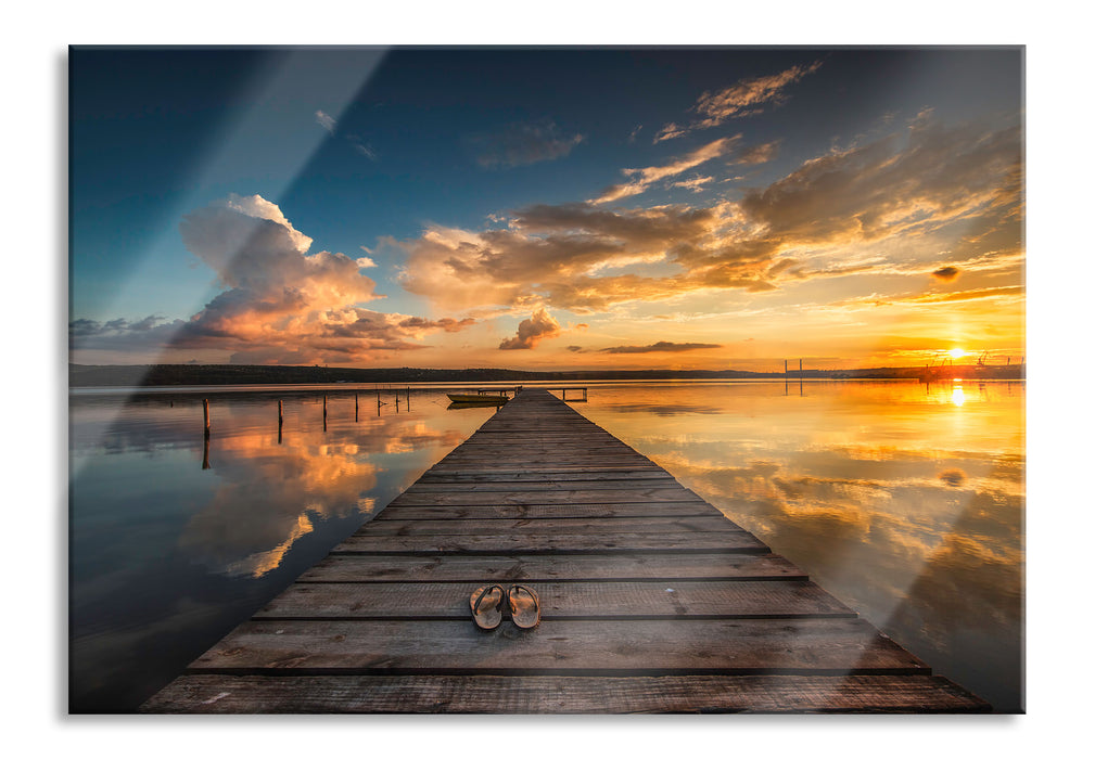 Steg am See bei Sonnenuntergang, Glasbild