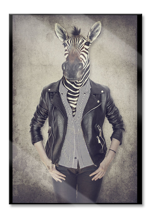 Pixxprint Zebrakopf Menschenkörper mit Lederjacke, Glasbild