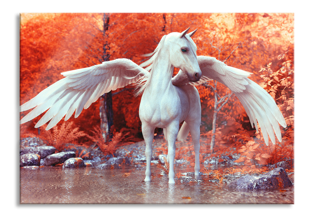 Pixxprint Pegasus im Fluss eines Herbstwaldes, Glasbild