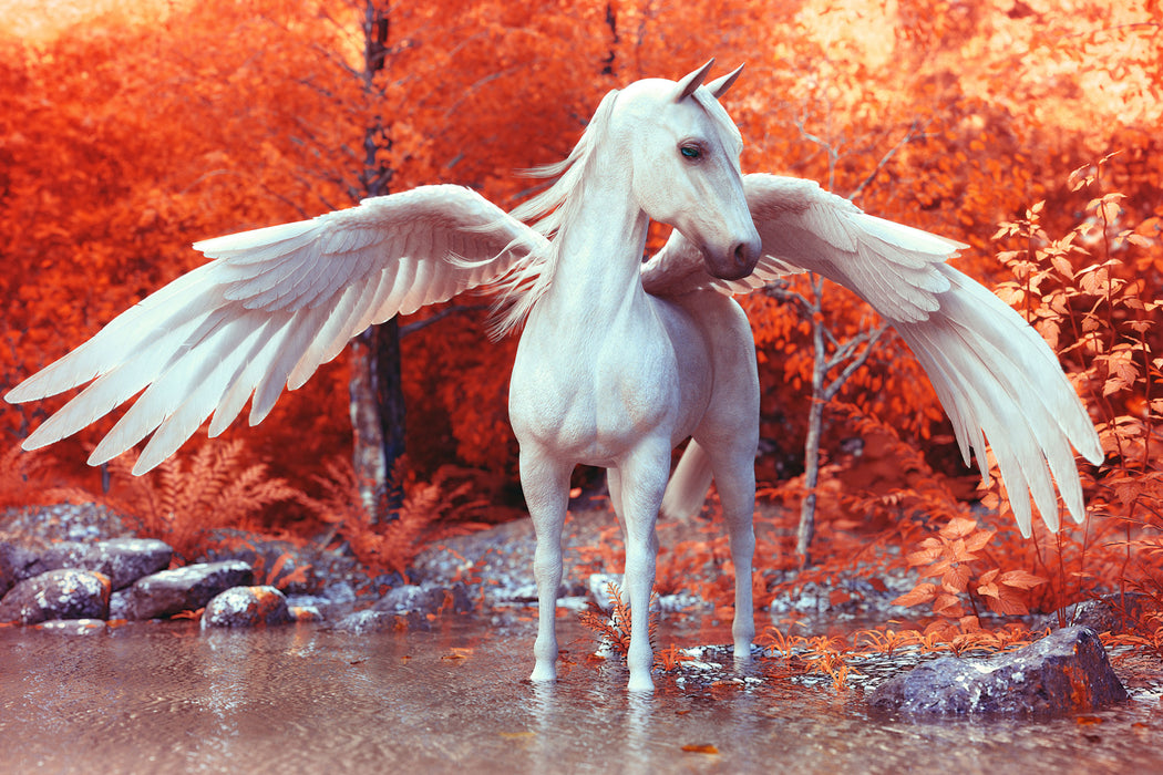 Pegasus im Fluss eines Herbstwaldes, Glasbild