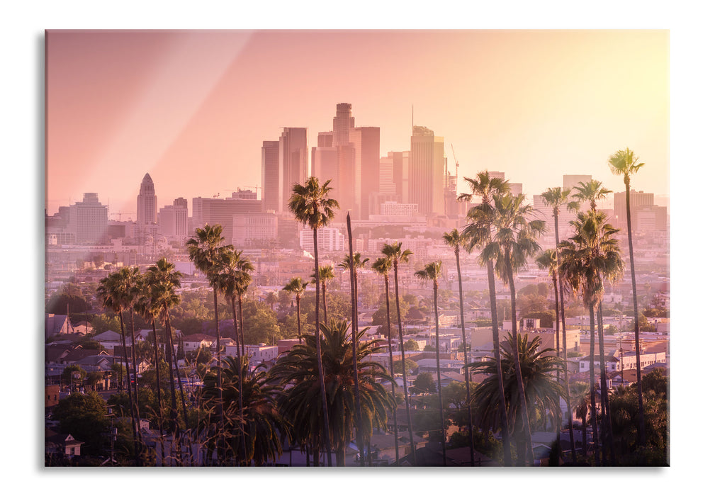 Pixxprint Palmen vor Skyline von Los Angeles, Glasbild