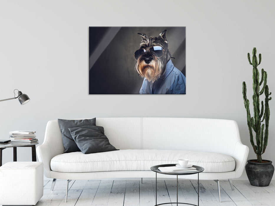 Lustiger Hund mit Hemd und Sonnenbrille, Glasbild