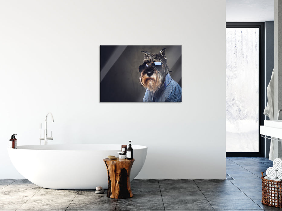 Lustiger Hund mit Hemd und Sonnenbrille, Glasbild