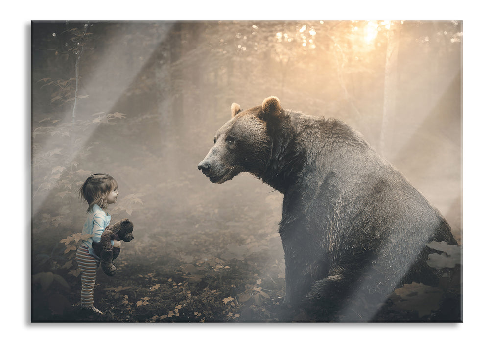 Mädchen mit Teddy und Bär im Wald, Glasbild