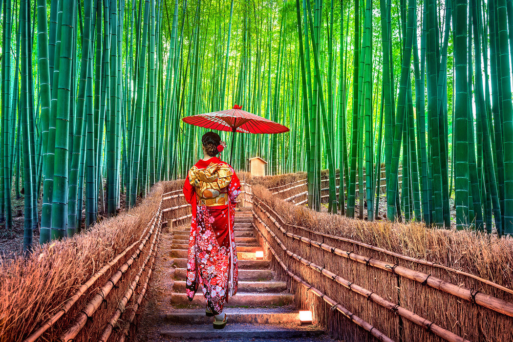 Frau im janapischen Kimono im Bambuswald, Glasbild