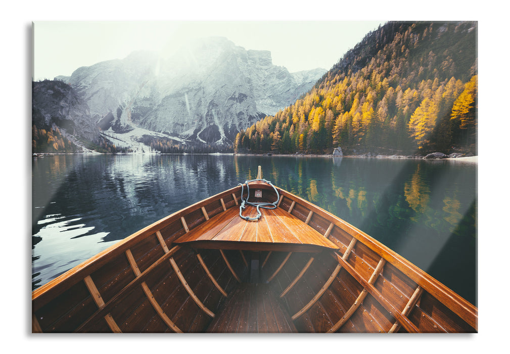 Pixxprint Holzboot auf Alpensee in den Dolomiten, Glasbild