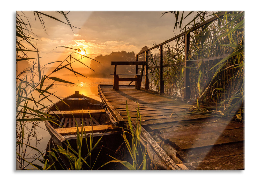 Pixxprint Bootssteg am See bei Sonnenuntergang, Glasbild