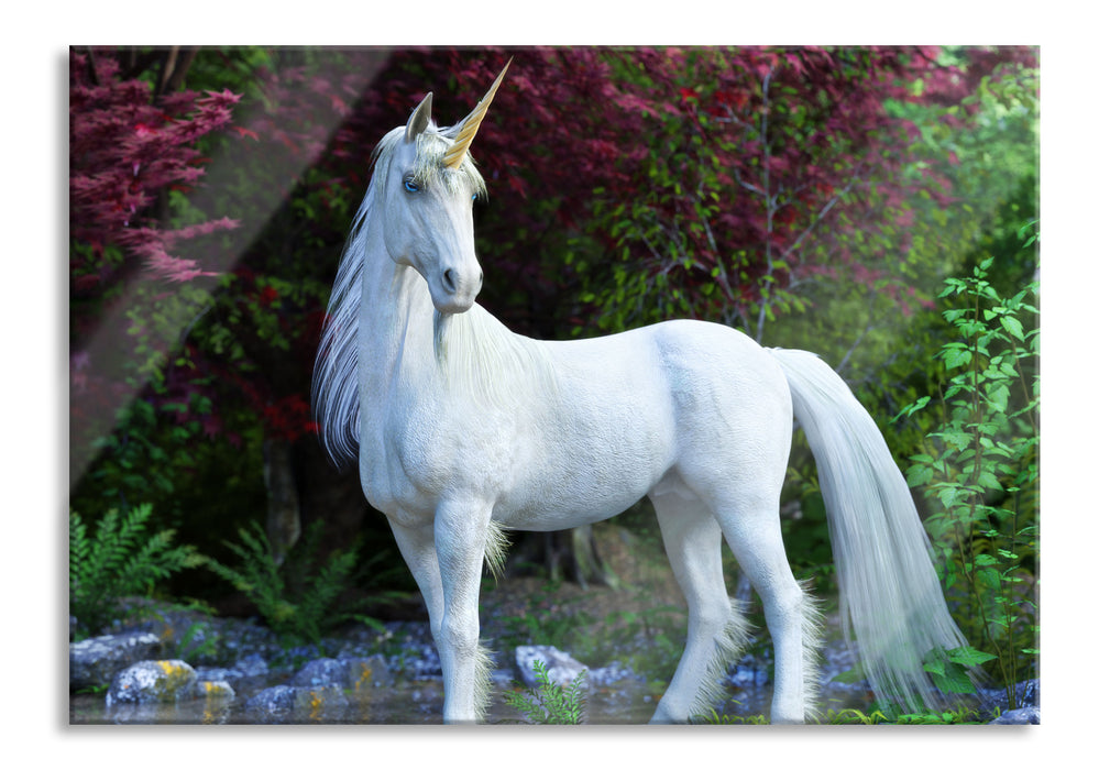 Majestätisches Einhorn in Waldsee, Glasbild