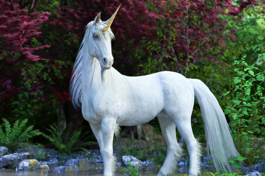 Majestätisches Einhorn in Waldsee, Glasbild