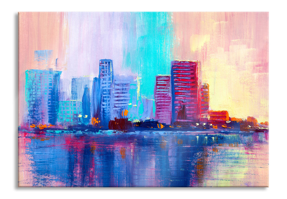 Pixxprint Abstraktes Ölgemälde einer Skyline, Glasbild