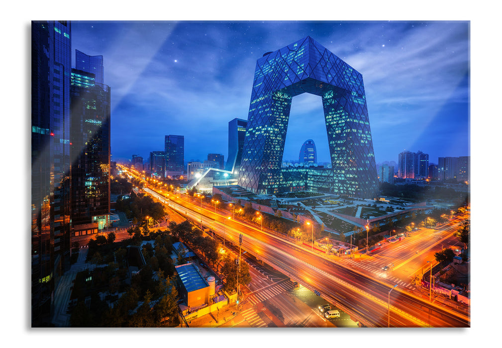 Pixxprint Straßenlichter bei Nacht in Peking, Glasbild