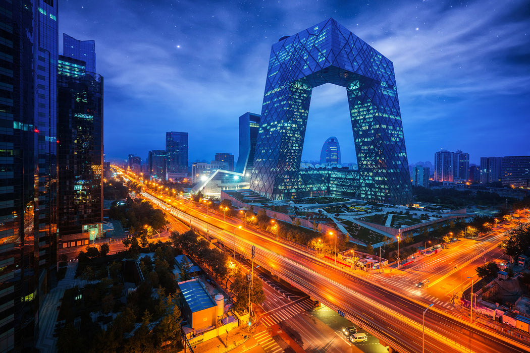 Straßenlichter bei Nacht in Peking, Glasbild