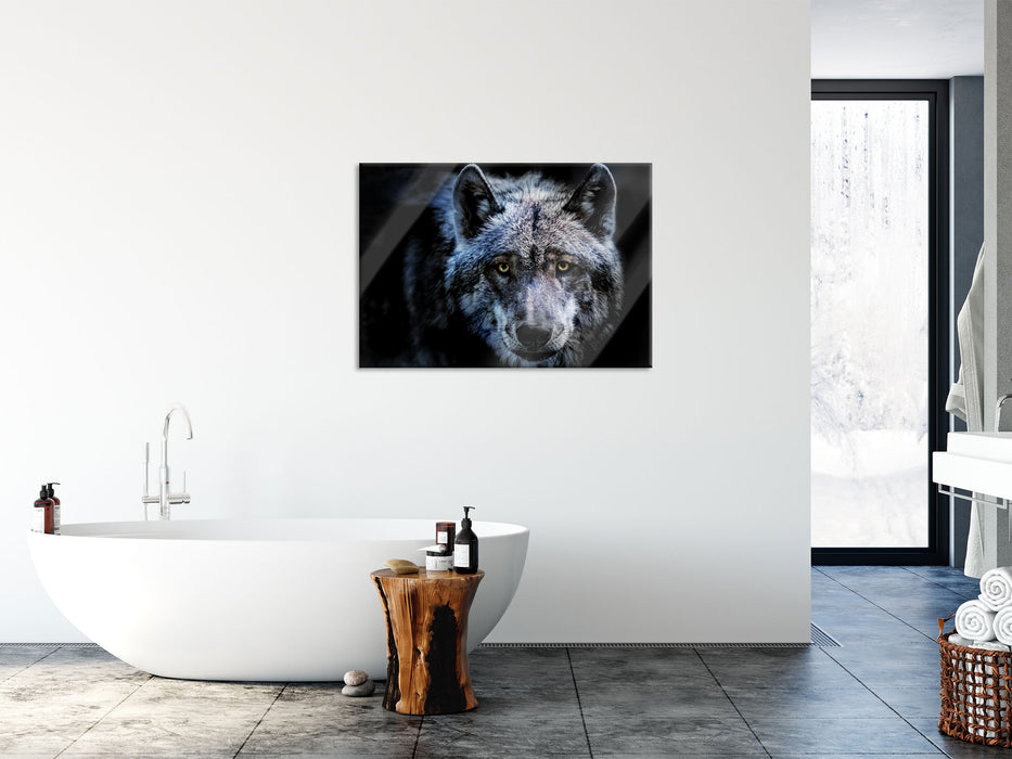 Nahaufnahme Wolf mit gelben Augen, Glasbild