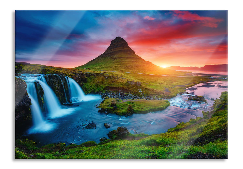 Pixxprint Kirkjufell Vulkan im Sonnenuntergang, Glasbild