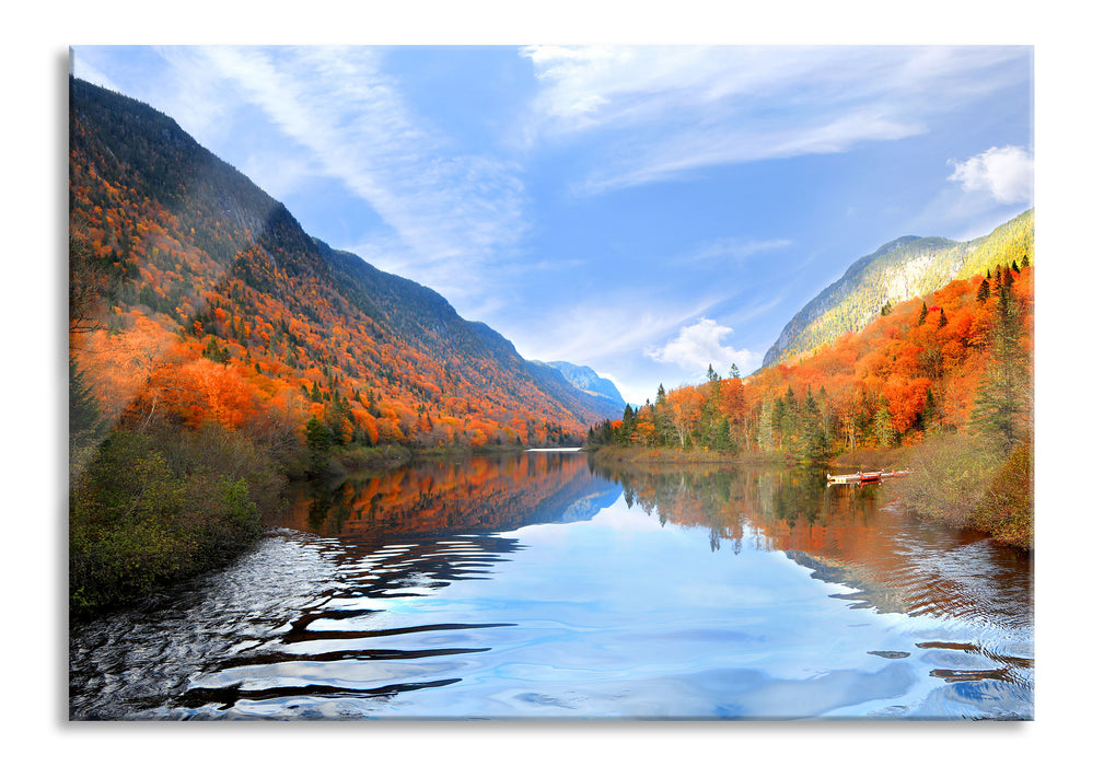 Pixxprint Talfluss zwischen herbstlichen Bergen, Glasbild