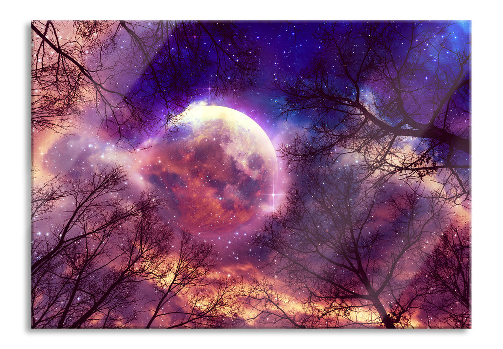 Pixxprint Farbenvolle Sternennacht bei Vollmond, Glasbild