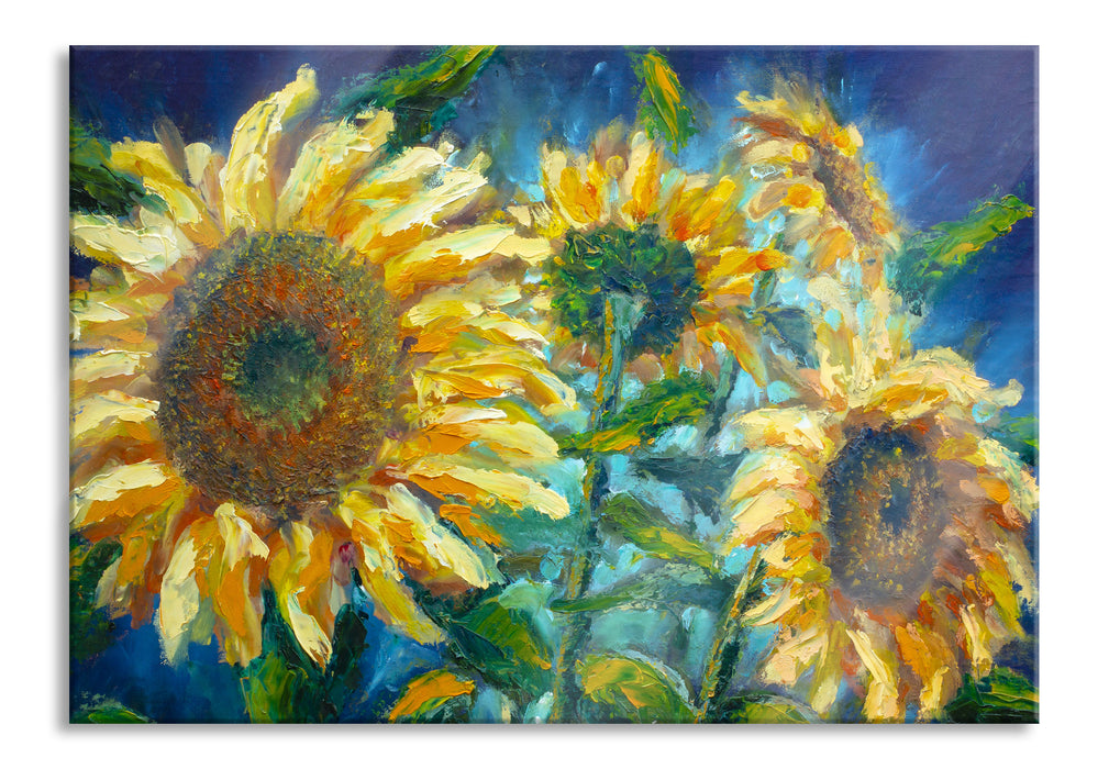 Sonnenblumen vor blauem Hintergrund, Glasbild