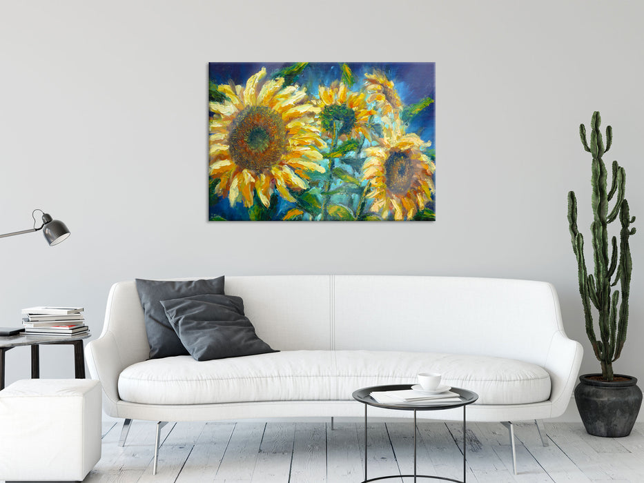 Sonnenblumen vor blauem Hintergrund, Glasbild