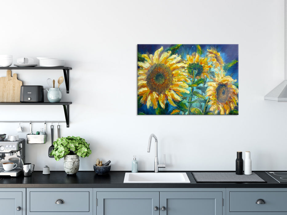 Sonnenblumen vor blauem Hintergrund, Glasbild