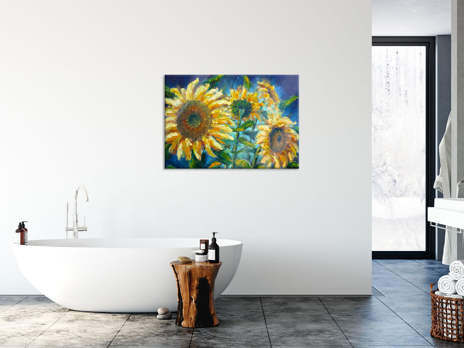 Sonnenblumen vor blauem Hintergrund, Glasbild