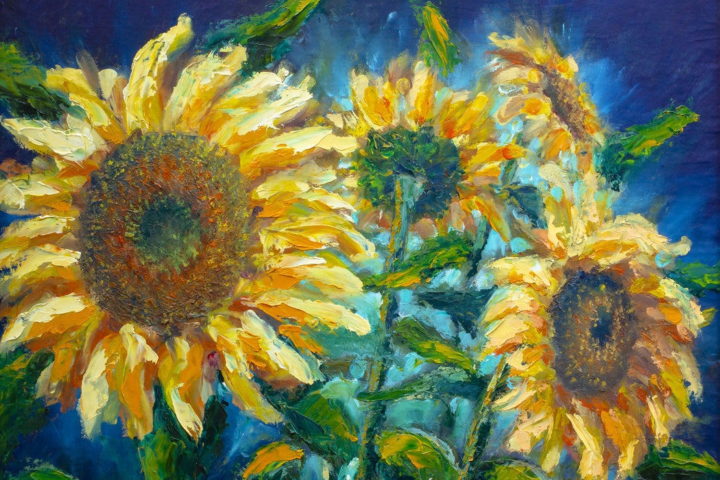 Sonnenblumen vor blauem Hintergrund, Glasbild