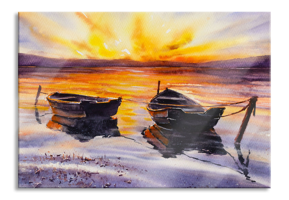 Pixxprint Zwei angeleinte Boote bei Sonnenuntergang, Glasbild