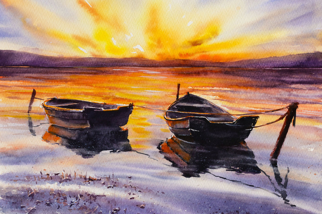 Zwei angeleinte Boote bei Sonnenuntergang, Glasbild