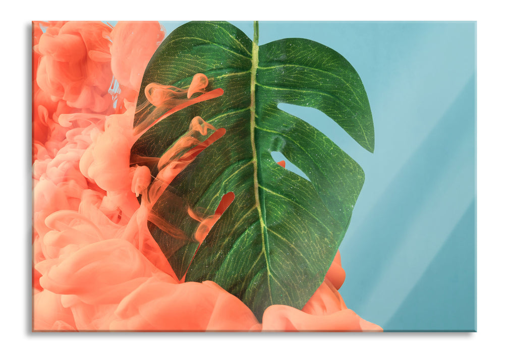 Pixxprint Monstera Blatt mit Pastelwolke, Glasbild